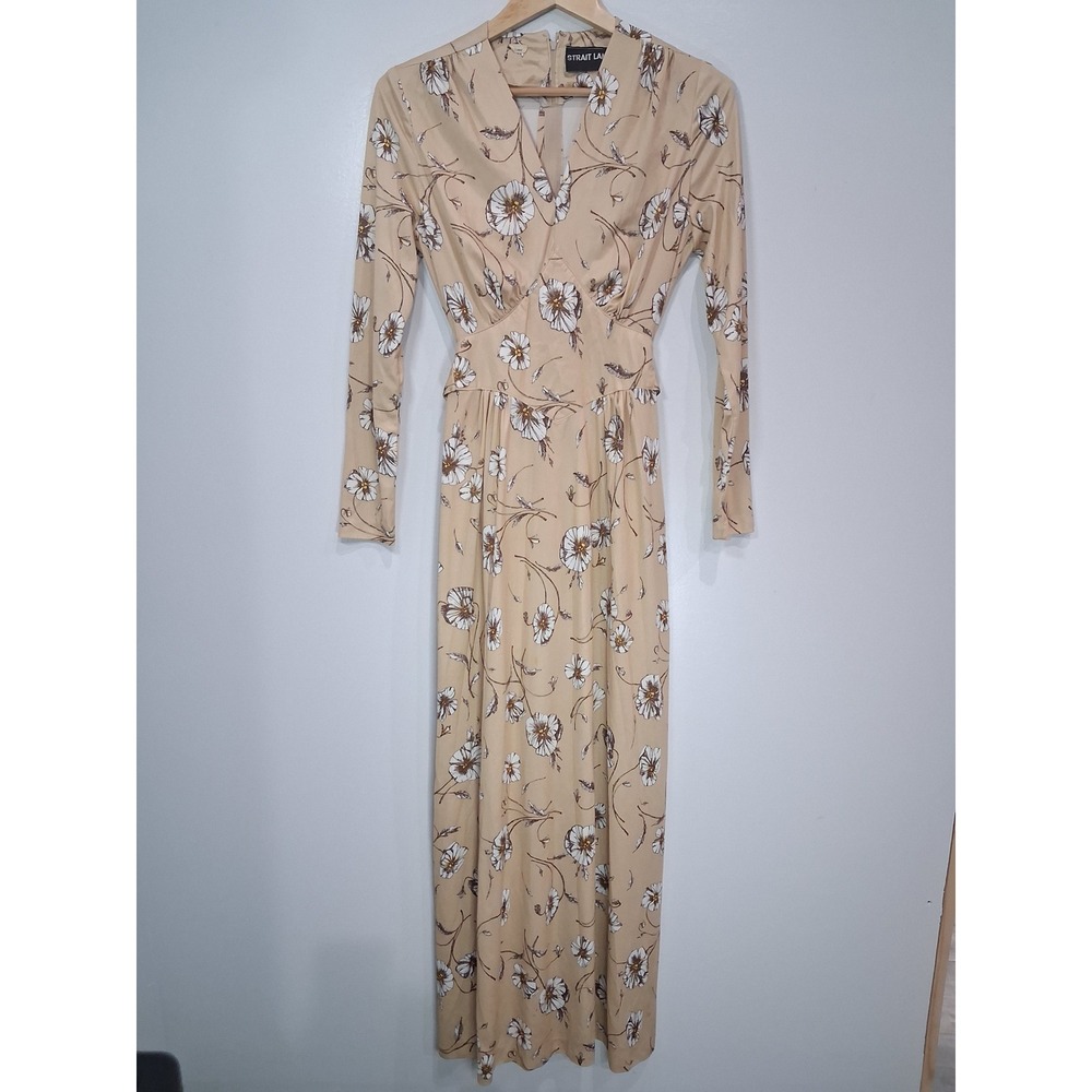 Vintage 70's Strait Lane Tan Floral Long Sleeve Empire‎ Waist Maxi Dress Women S
